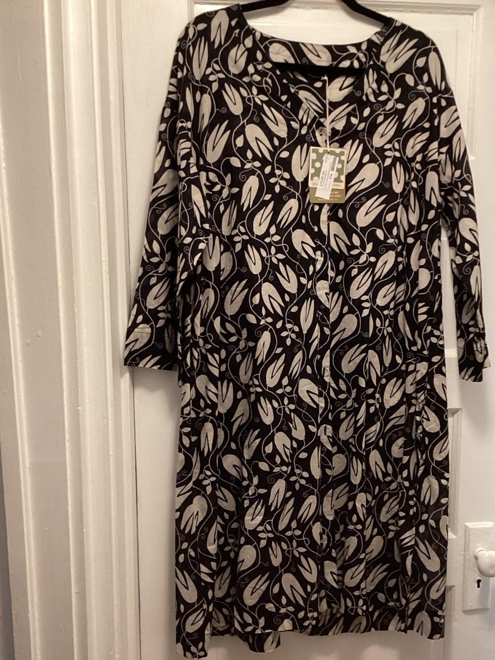 Gudrun Sjoden Black and Cream Floral Vine Long Sleeve Dress